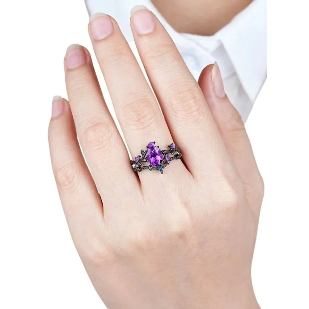 Oval Shape Amethyst Black Engagement Wedding Ring Set In Rhodium black plating